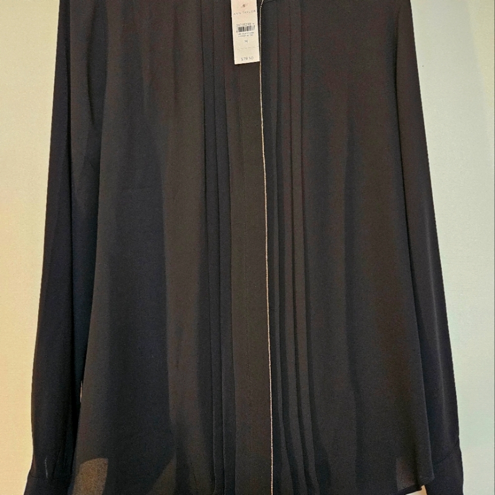 Ann Taylor mixed media black button down blouse with covered placket size M